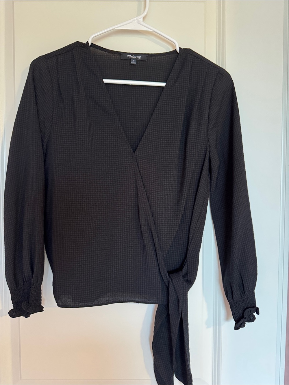Madewell Black Textured Wrap Tie Blouse